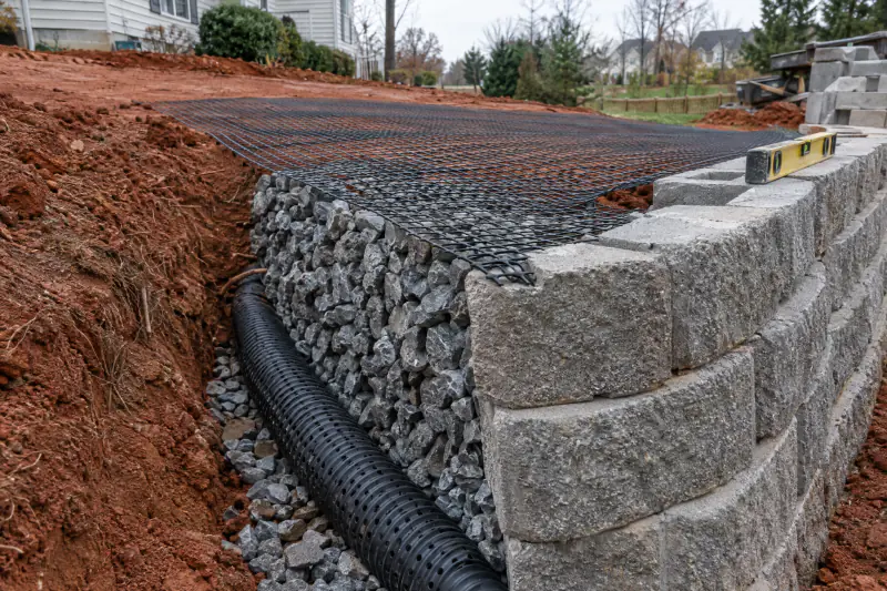 Retaining wall under construction with clean drainage stone, perforated pipe and geogrid behind block courses in Northern Virginia