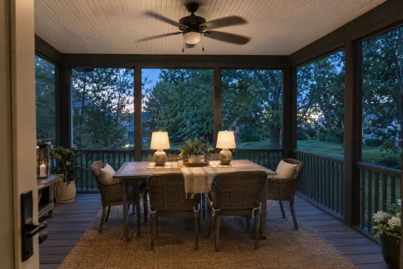 Inside a screened porch at dusk with a ceiling fan, dining table and lamps while the backyard darkens outside the screens