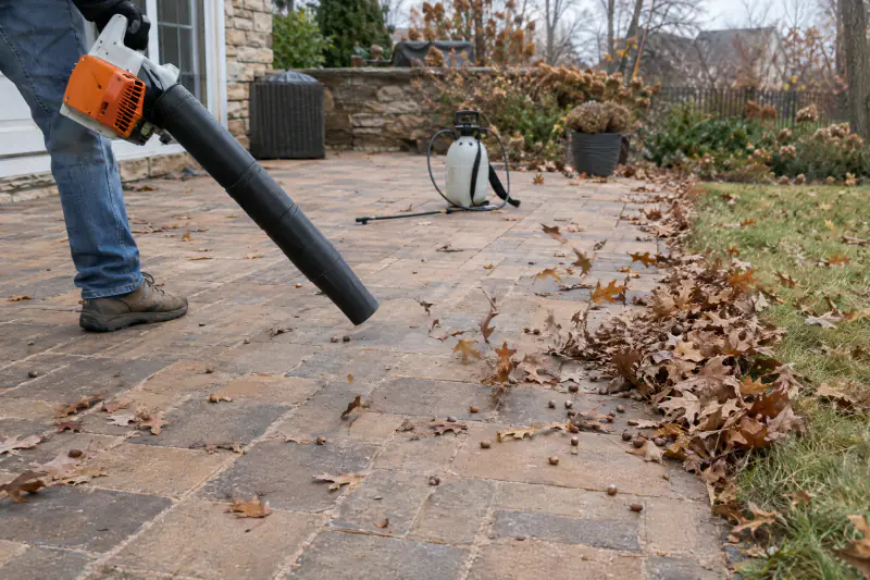Leaf blower clearing fallen oak leaves and acorns from a dry paver patio before sealing in autumn