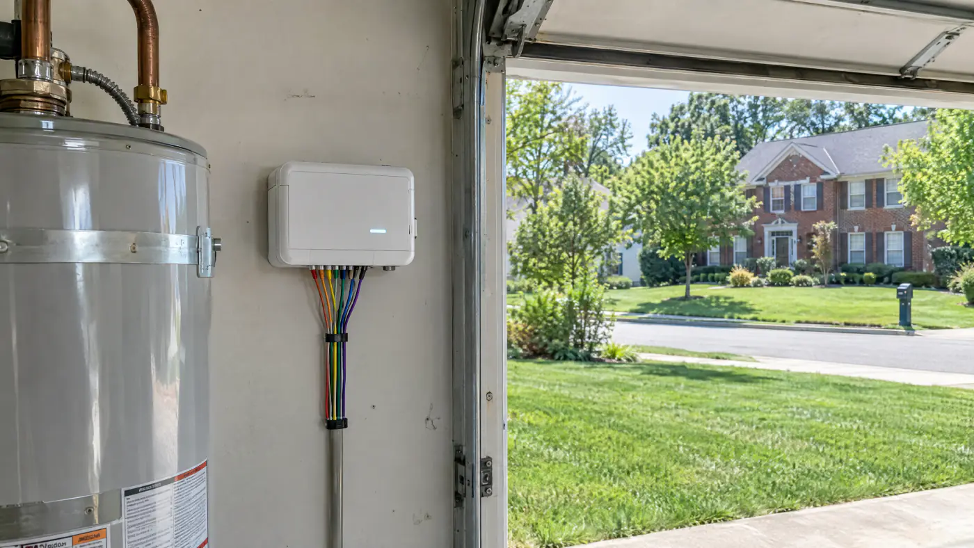 Smart irrigation controller mounted in a suburban Northern Virginia garage with zone wires labeled above a workbench