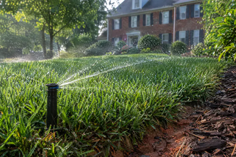 Rotary nozzle sprinkler applying water slowly to a tall fescue lawn on red clay soil in Fairfax County