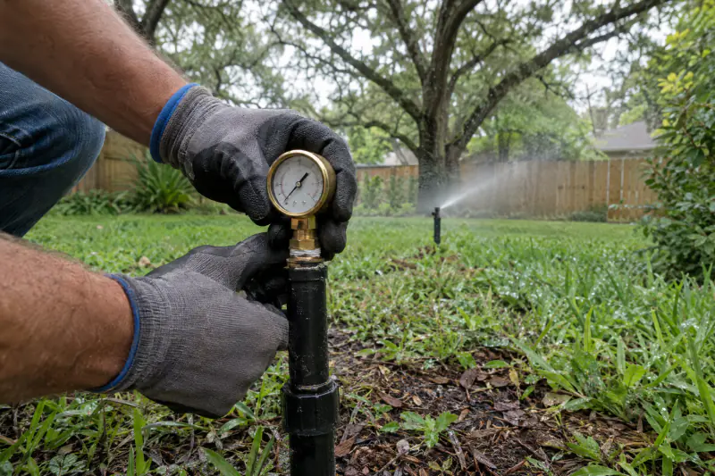 Pressure gauge screwed onto a sprinkler riser during an irrigation audit in a Northern Virginia backyard
