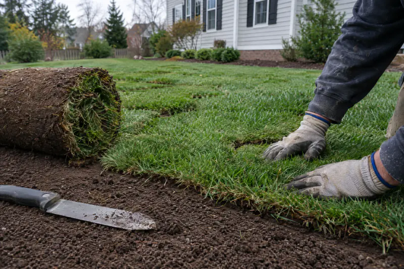 Close view of tall fescue sod rolls laid in staggered rows with tight joints over prepared soil