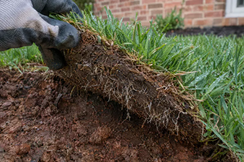 Gloved hand lifting a corner of new sod to show white roots growing into dark soil beneath