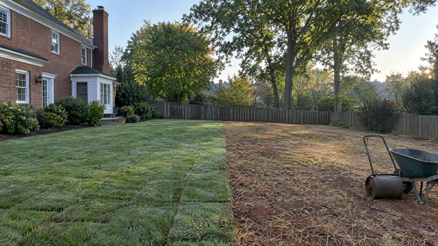 Half-sodded and half-seeded Northern Virginia back yard in early fall with graded clay soil and a brick colonial
