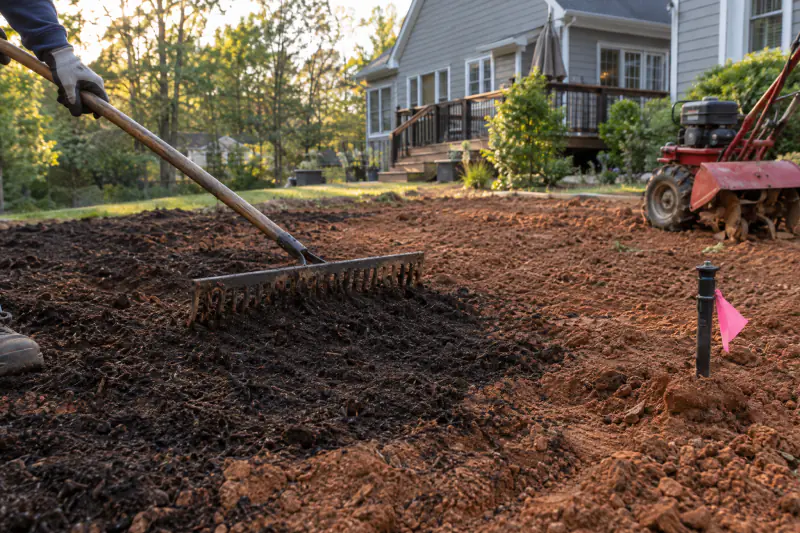 Compost being spread and raked into loosened clay soil before a fall lawn renovation in Northern Virginia