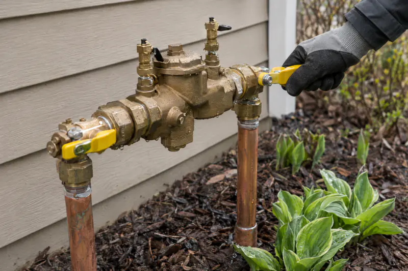 Gloved hand slowly opening the ball valve on an irrigation backflow preventer at a Northern Virginia home