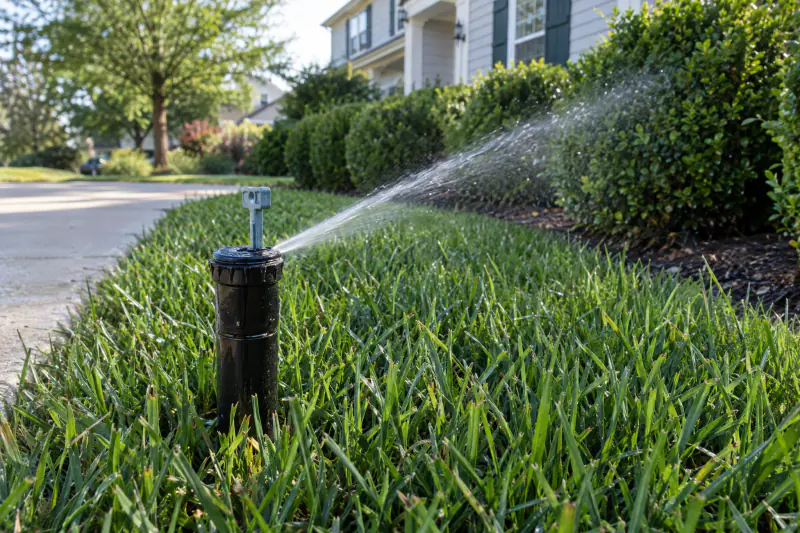 Rotor sprinkler head being adjusted with a small tool in a freshly green Northern Virginia lawn