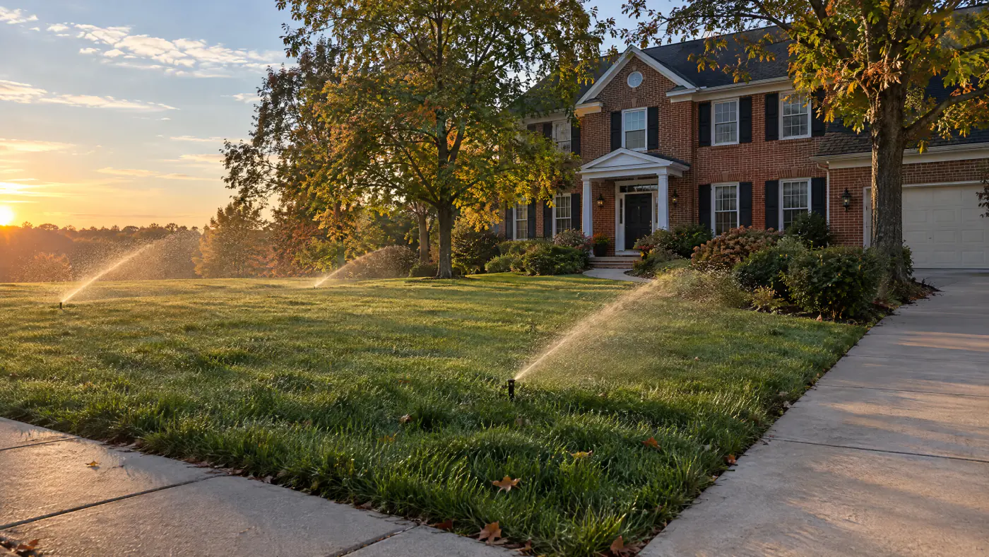 Gear-driven rotor sprinklers watering a tall fescue lawn at dawn in front of a brick Northern Virginia colonial