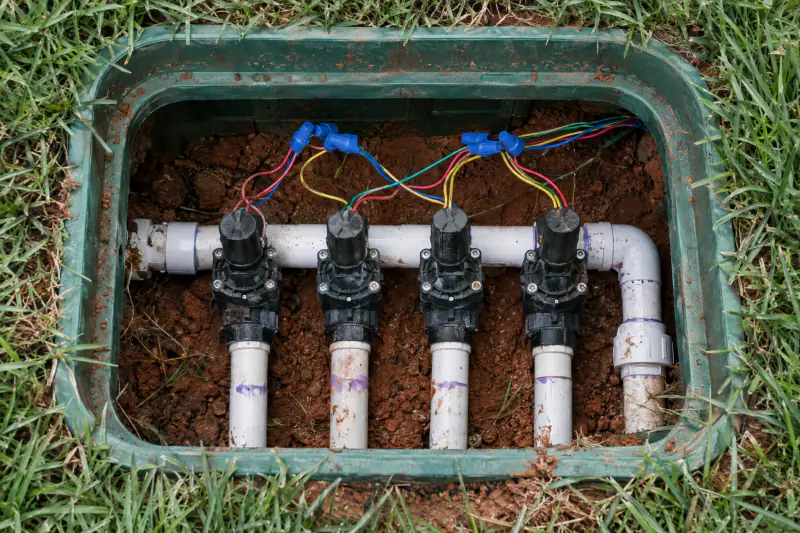 Open irrigation valve box with a manifold of zone valves and labeled wires in a Northern Virginia lawn
