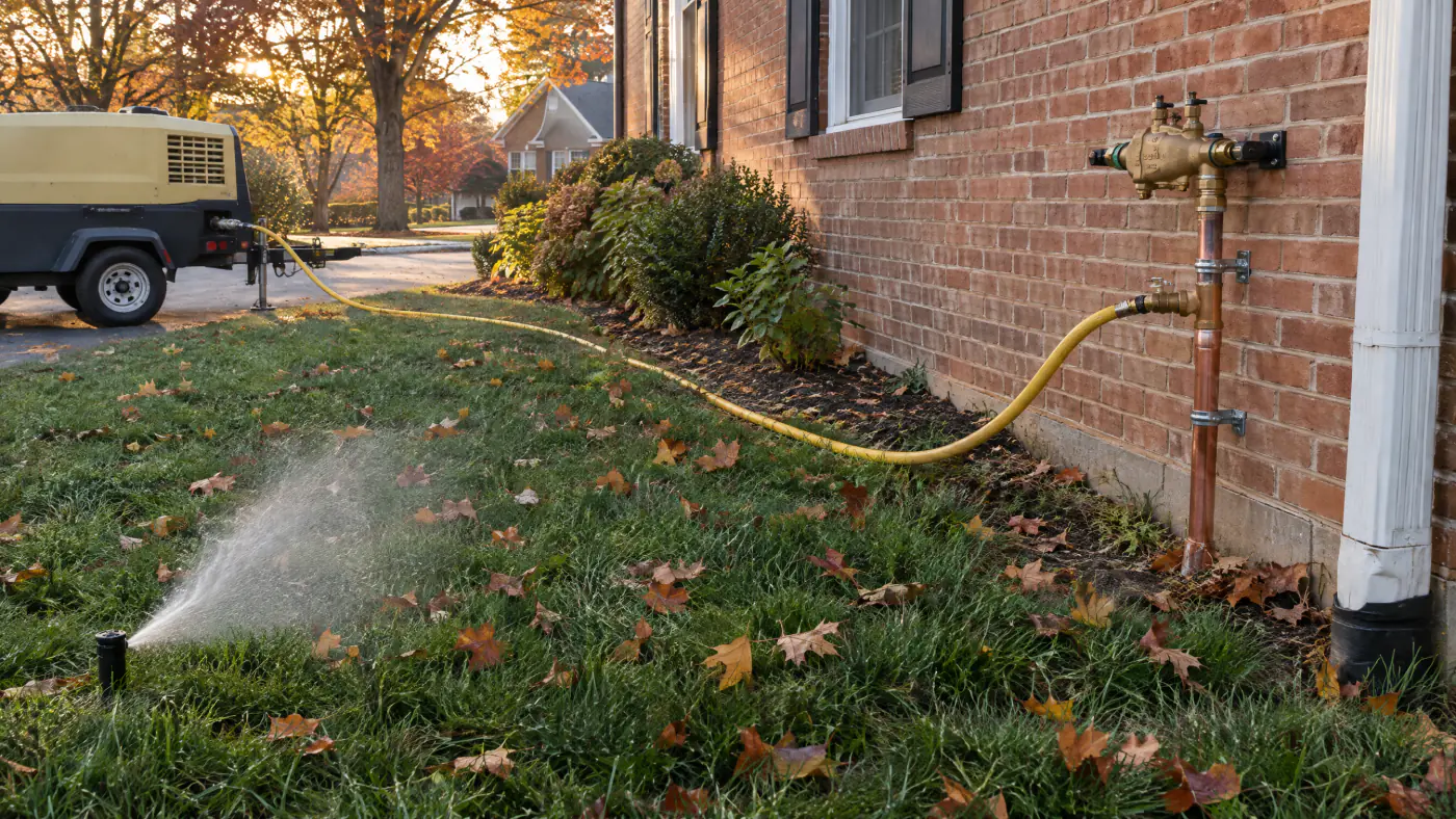 Air compressor hose connected to the blowout port of a sprinkler system beside a brick Northern Virginia home in late October