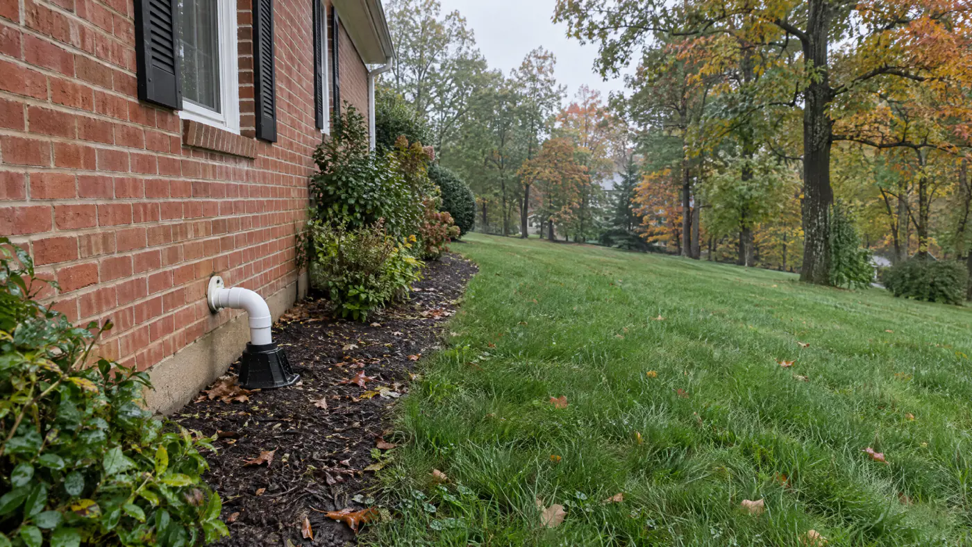 Sump pump discharge pipe exiting a brick Northern Virginia foundation into a buried drain line during fall rain