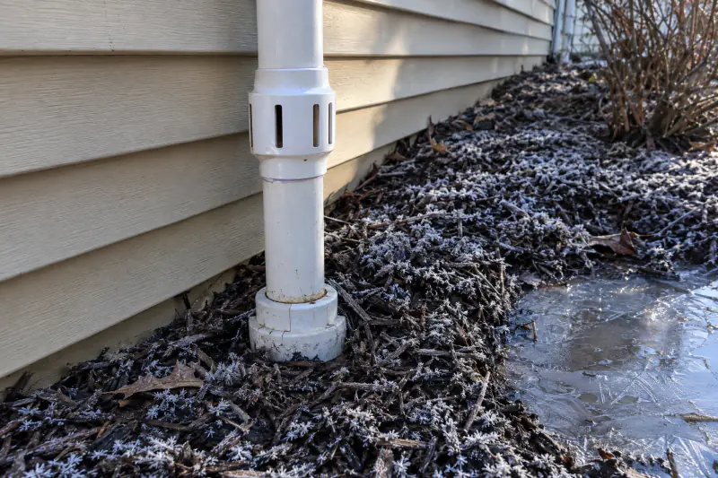 Close view of a sump pump discharge riser with a freeze relief fitting just above grade beside siding