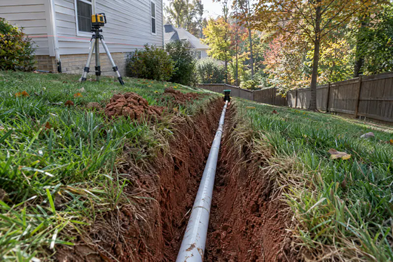 Open trench with sloped white PVC sump discharge line crossing a Northern Virginia lawn to a pop-up emitter
