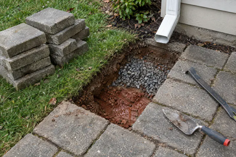 Lifted paver section near a downspout showing washed-out bedding sand and a thin gravel base over wet clay