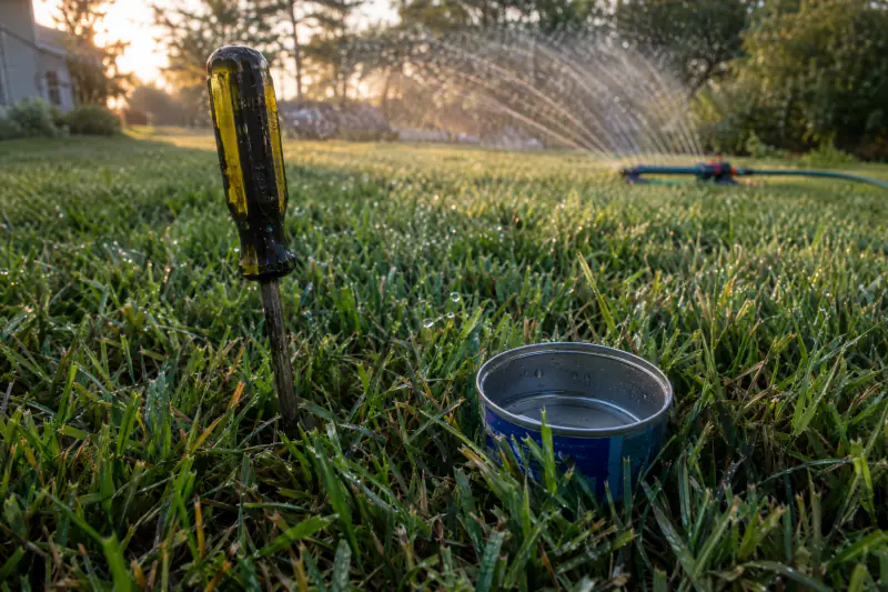 Screwdriver pushed into moist lawn soil beside a tuna can catching sprinkler water on a fescue lawn