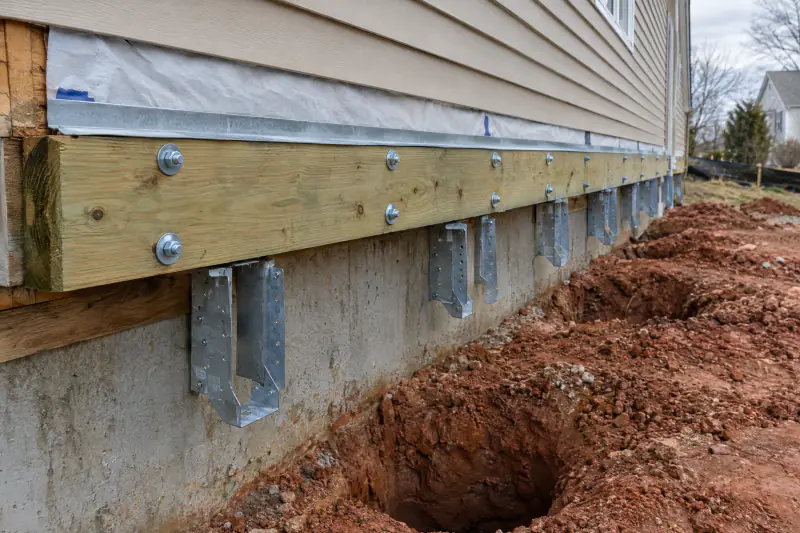 Deck ledger board bolted to a house band board with two staggered rows of fasteners and metal flashing above