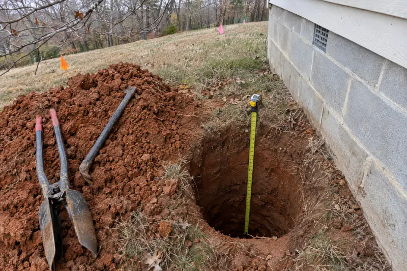 Open deck footing hole in red clay with a tape measure showing depth beside a Northern Virginia house foundation
