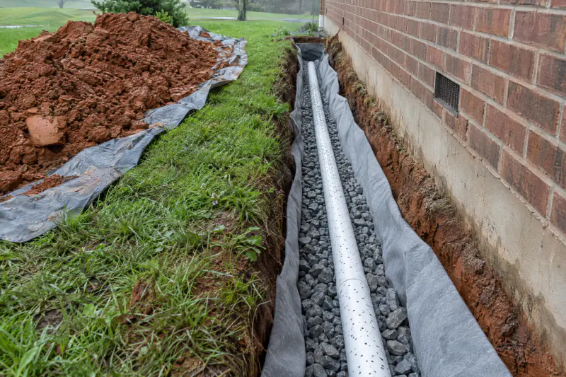 Fabric-lined French drain trench with washed stone and perforated pipe running several feet out from a basement wall