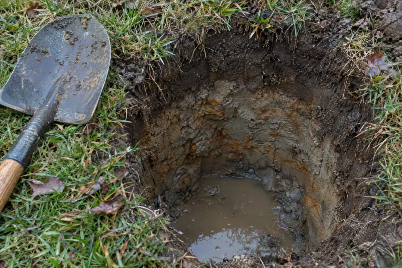 Shovel test hole in a Northern Virginia lawn showing dark topsoil over gray mottled clay with water seeping in