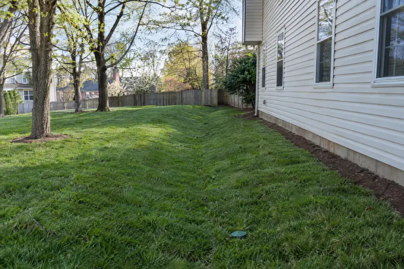 Regraded Northern Virginia backyard with a shallow grassed swale and a flush pop-up emitter after drainage work