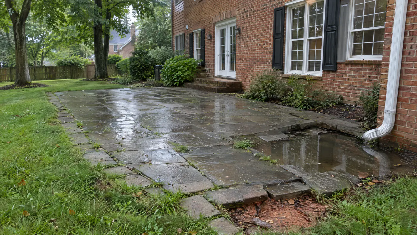 Paver patio with a sunken corner holding a puddle and pavers spreading apart beside a tall fescue lawn behind a Northern Virginia home