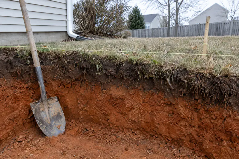 Cross section of a patio excavation showing dark topsoil over reddish-brown Northern Virginia clay with a string line marking final grade
