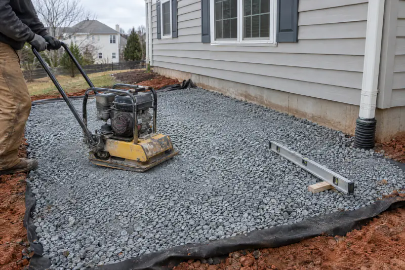 Plate compactor on a layer of crushed stone over geotextile with a four-foot level checking pitch away from a Northern Virginia house