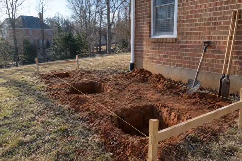 Deck footing holes dug to depth in reddish Northern Virginia clay on a clear early spring morning