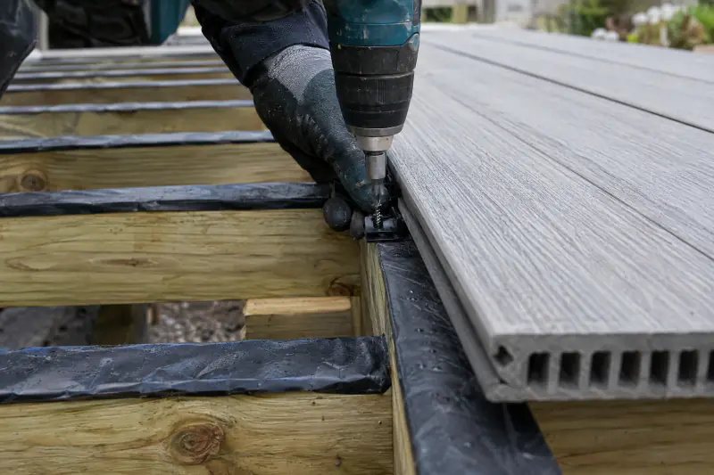 Hidden fastener clip being installed on a composite deck board over taped joists