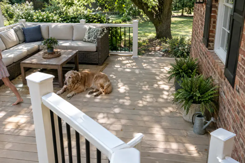 Light-colored PVC deck in use with a dog and outdoor seating