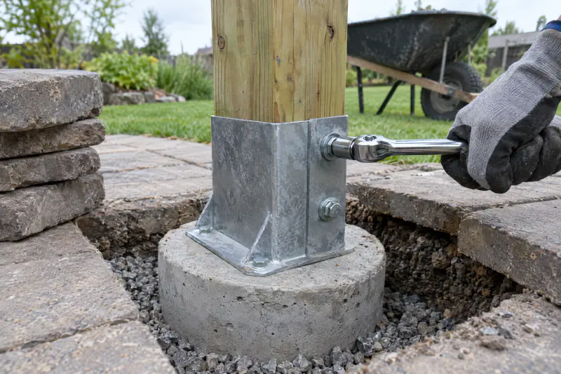 Pergola post anchored in a steel base on a concrete footing through a patio