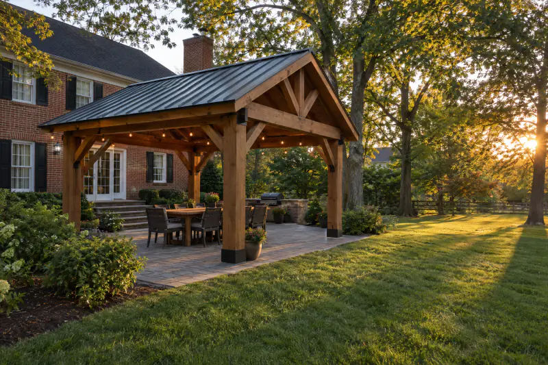 Freestanding cedar pavilion with gable roof over a backyard paver patio