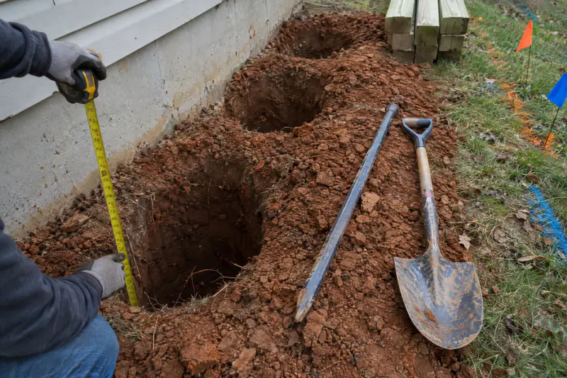 Deck footing holes dug in clay soil and measured for depth during deck building