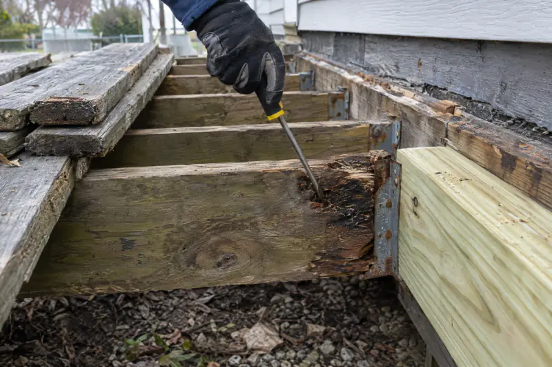 Rotted deck joist being probed with a screwdriver during deck repair
