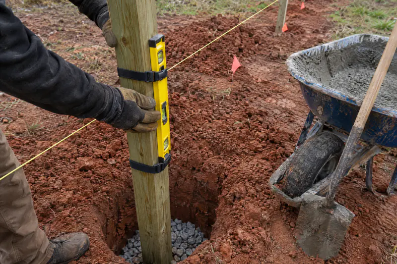 Fence post being set plumb in a red clay hole with gravel and concrete