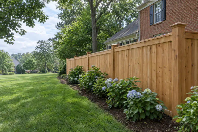 New cedar privacy fence installation along the side yard of a brick colonial home