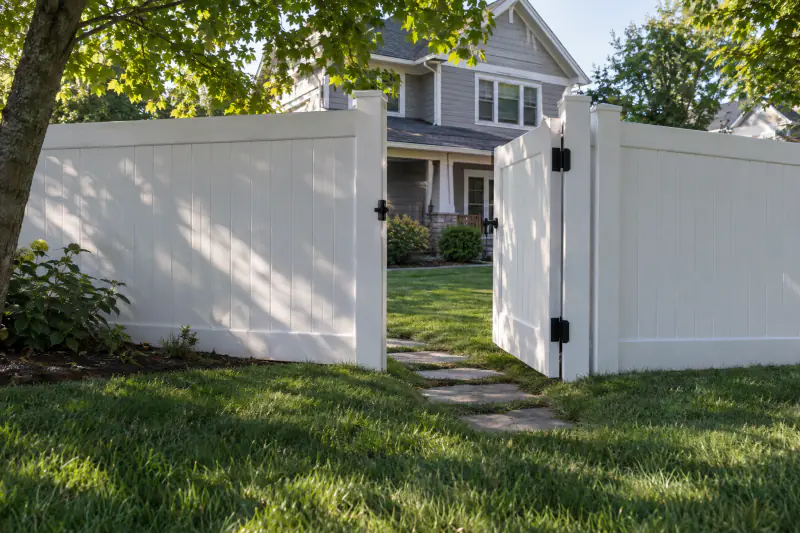 Finished white vinyl privacy fence with walk gate open onto a backyard lawn