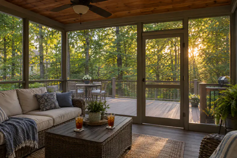View from inside a screened porch onto a composite deck and wooded backyard