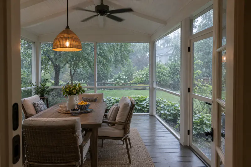 Inside a screened porch with a ceiling fan and dining table on a rainy day