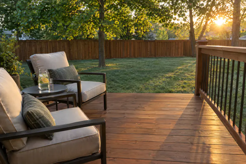 Stained wood deck with chairs overlooking a stained fence after deck staining