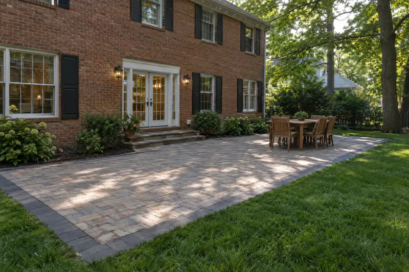 Finished concrete paver patio with charcoal border behind a brick colonial home