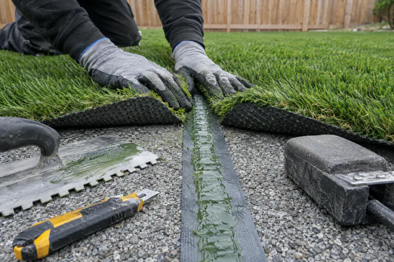 Hands joining an artificial turf seam with tape and adhesive over compacted stone base