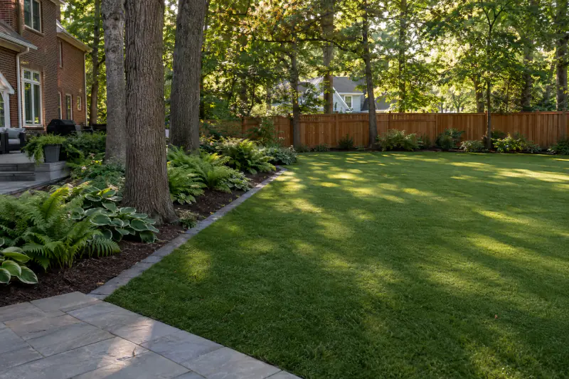 Artificial turf lawn with paver border in a shaded backyard under mature oaks