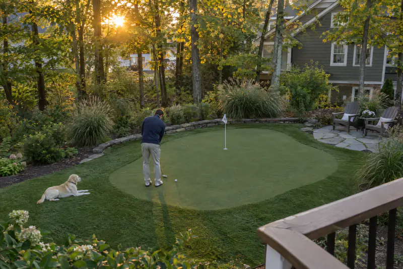 Homeowner putting on a backyard artificial turf putting green with dog resting nearby