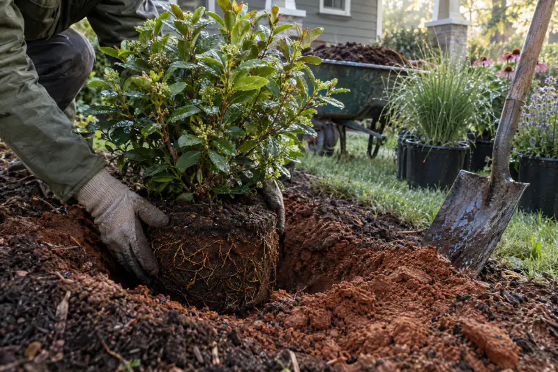 Gloved hands planting a shrub in amended clay soil during landscape installation