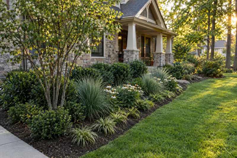 New landscape design with layered shrubs, grasses and a serviceberry at a craftsman home