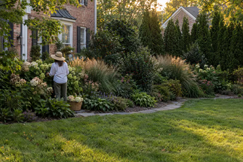 Homeowner cutting hydrangeas in a landscape design with evergreen privacy screening