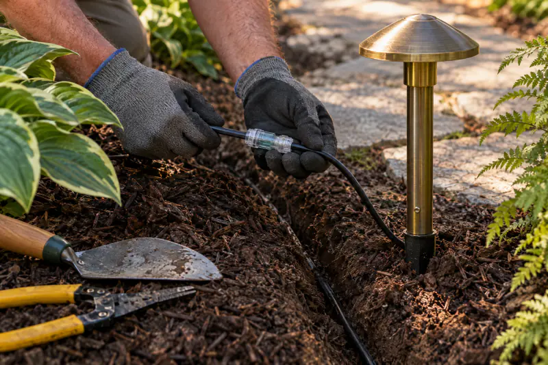 Hands sealing a low-voltage cable splice beside a brass landscape lighting fixture