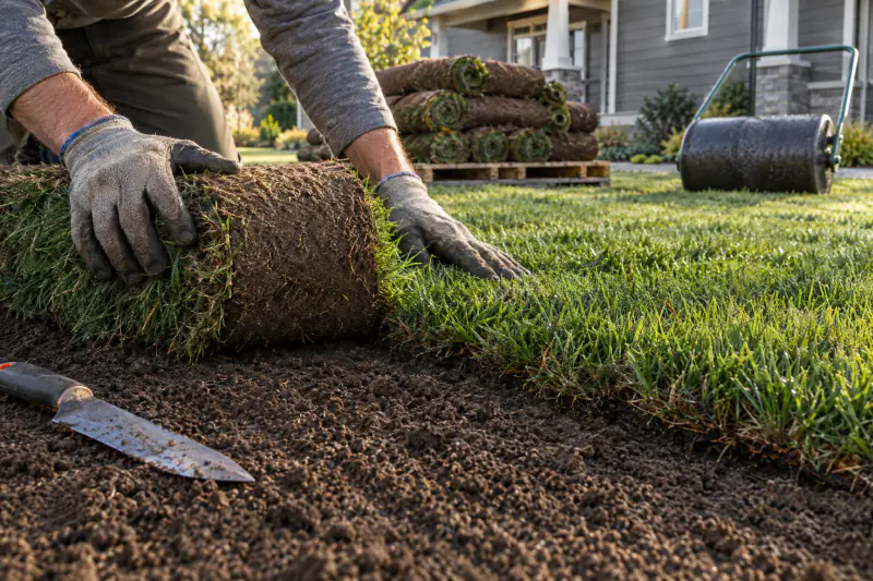 Hands unrolling tall fescue sod onto raked soil during sod installation